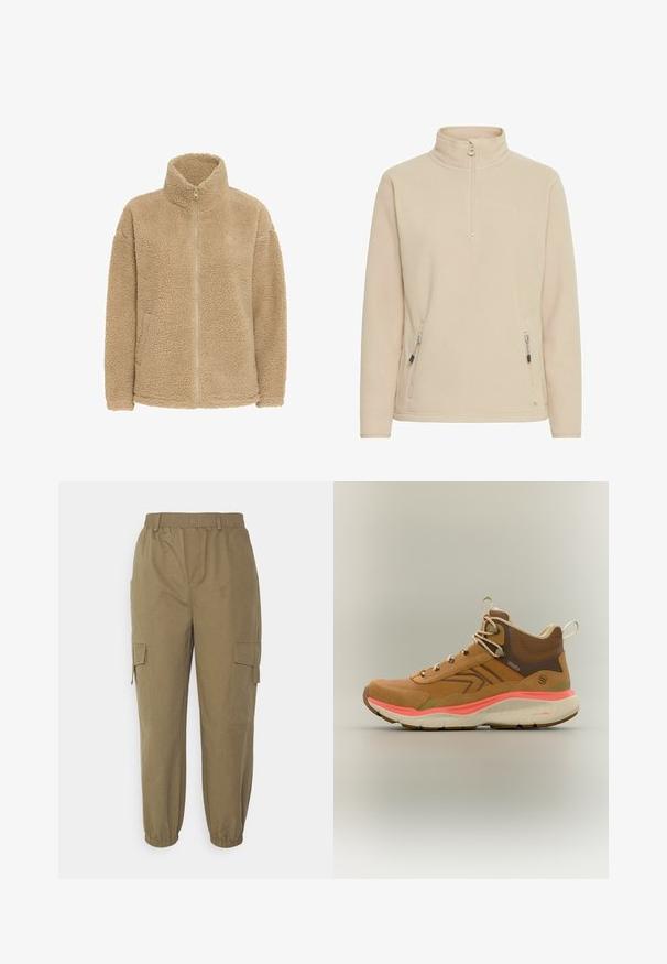 Veste polaire beige zippée intégralement avec col montant et manches longues en tissu sherpa doux et texturé.; Pull en polaire beige avec un col montant, demi-fermeture éclair et deux poches latérales ; texture lisse et logo ton sur ton simple sur la poitrine.; Vero Moda Tall VMTIMMIKAY PANT - Pantalon cargo - capers; Chaussure de randonnée montante marron avec lacets beige, col de cheville rembourré, semelle intermédiaire corail et semelle extérieure en caoutchouc texturé sur fond uni.