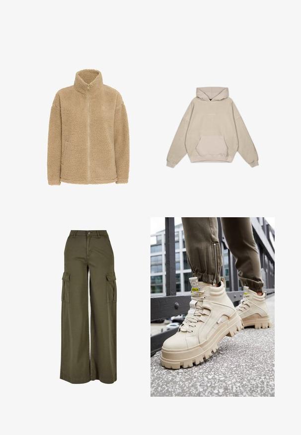 Veste polaire beige zippée intégralement avec col montant et manches longues en tissu sherpa doux et texturé.; Sweatshirt à capuche beige avec une coupe décontractée, poche kangourou, manches côtelées et texture lisse. Présente des détails de logo discrets à l'avant.; Pantalons cargo larges en vert olive avec deux poches latérales, fabriqués à partir d'un tissu doux et durable. Présente une couture détaillée et une fermeture à bouton.; Baskets montantes beiges avec une semelle épaisse et texturée, un design à lacets et des étiquettes accent jaune. Tige en cuir texturé avec des coutures contrastées.