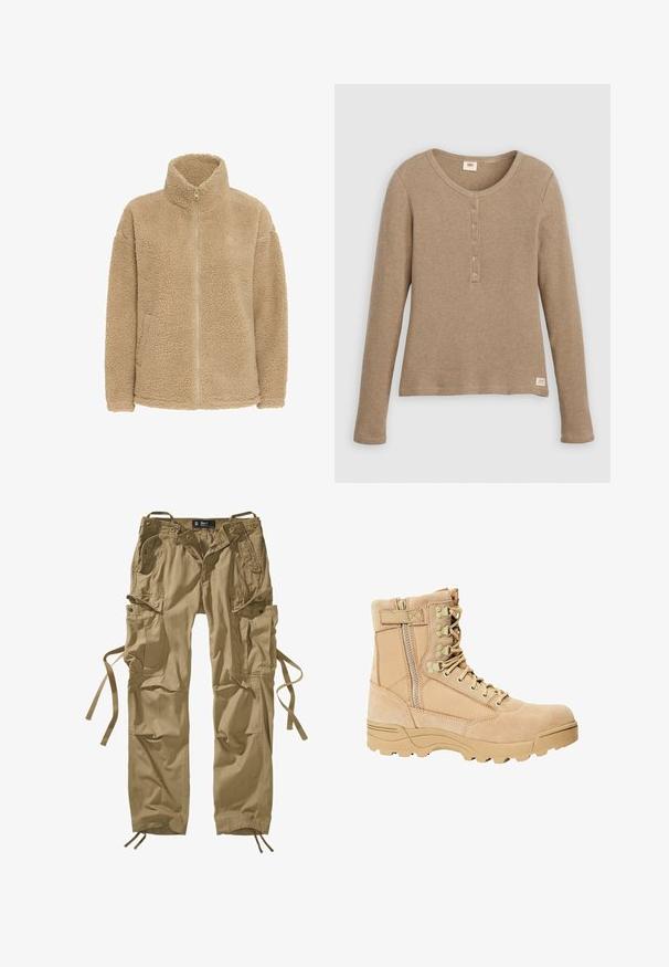 Beige fleecejakke med høj krave, fuld lynlås og sidelommer. Har en blød, struktureret overflade og en afslappet pasform.; Beige henley-shirt i vaffelstrik med lange ærmer, rund halsudskæring og fem-knaps lukning, vist fladt mod hvid baggrund.; Khaki cargo bukser lavet af bomuld med flere sidelommer, snore ved anklerne og knaptryk. Rette linjer og slidstærkt stof.; Tan taktiske støvler med en overdel i ruskind og stof, snøre- og lynlåslukning, struktureret sål og forstærket tå for holdbarhed.