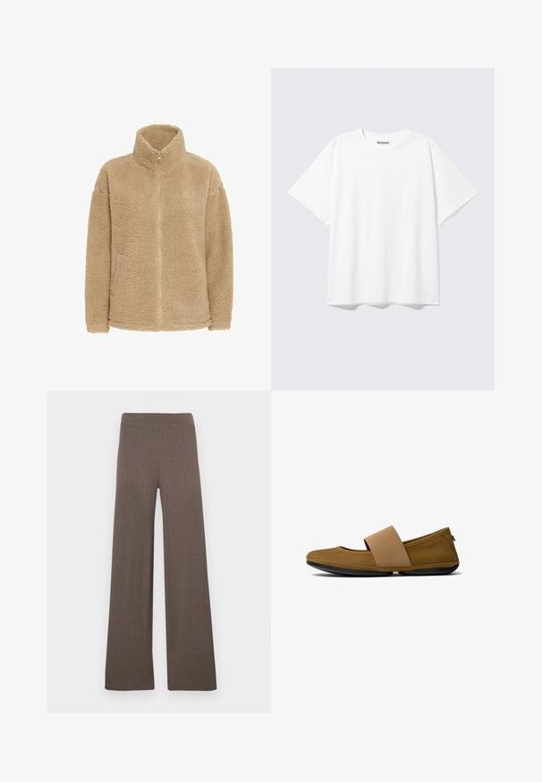 Beige fleecejakke med høj krave, fuld lynlås og sidelommer. Har en blød, struktureret overflade og en afslappet pasform.; Hvid T-shirt med korte ærmer og rund halsudskæring med en afslappet pasform og et "WEEKDAY" mærke på indersiden af nakken bagtil.; Ribstrikkede bukser med vide ben i en mørkebrun farve, med elastisk taljebånd og blødt, tekstureret stof.; Brune flade sko med en bred elastisk rem over vristen, sat mod en simpel hvid baggrund. Lavprofil design for komfort.
