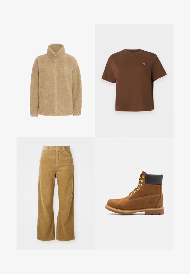 Beige fleecejakke med høj krave, fuld lynlås og sidelommer. Har en blød, struktureret overflade og en afslappet pasform.; Brun T-shirt med rund hals og korte ærmer, med en lille rektangulær flerfarvet logo på venstre bryst.; Bredde corduroybukser i lys brun med et struktureret ribbet mønster, fem lommer og en knaplukning i taljen.; Brun ruskinds ankelstøvle med sort polstret krave, gyldne øjer, snørebånd foran og gummisål med et struktureret mønster.