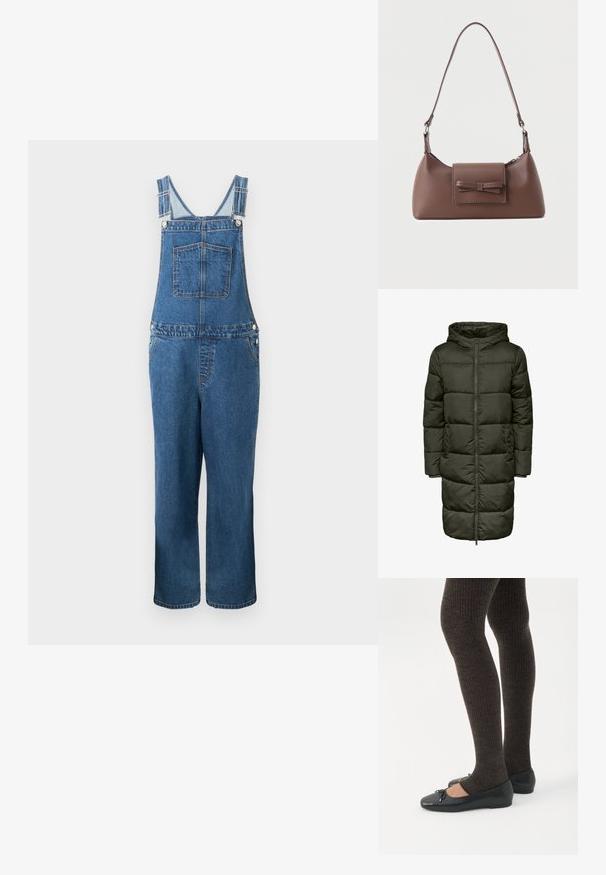 Puffy lang jakke i mørkegrøn farve med hætte, lynlås lukning og elastiske manchetter. Fremstillet af isolerende materiale, der giver varme og komfort.; Denim overalls med justerbare stropper, en frontlomme og sidelommer. Farven er en mellemblå med en let falmet struktur.; Ben iført mørke ribbede leggings kombineret med sorte balletsko med små sløjfedetaljer på hvid baggrund.; Brun skuldertaske i læder med en frontlomme med klap, der har en sydd sløjfedetalje, og en justerbar rem.