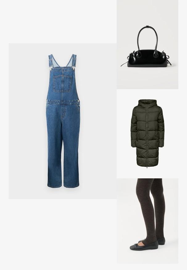 Manteau long matelassé de couleur verte foncée, doté d'une capuche, fermeture éclair et poignets élastiques. Fabriqué en matériau isolant, offrant chaleur et confort.; Salopette en denim avec des bretelles réglables, une poche frontale et des poches latérales. La couleur est un bleu moyen avec une texture légèrement décolorée.; Jambes portant des leggings côtelés foncés associés à des ballerines noires avec de petits détails en nœud sur fond blanc.; Petit sac à main noir brillant avec deux longues anses et des détails à cordon sur les côtés sur un fond clair uni.