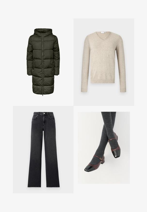 Puffy lang jakke i mørkegrøn farve med hætte, lynlås lukning og elastiske manchetter. Fremstillet af isolerende materiale, der giver varme og komfort.; Beige V-hals sweater lavet af blødt materiale med lange ærmer og ribbede manchetter. Har et enkelt design uden mønstre eller udsmykninger.; Blå brede benjeans lavet af denim, med høj talje, bælteløkker og klassisk fem-lomme design med kobberdetaljer.; Burgunderrøde læder Mary Jane-sko med en sort laktoej og tynd ankelrem; båret med mørkegrå ribbede strømper. Lav blokhæl.