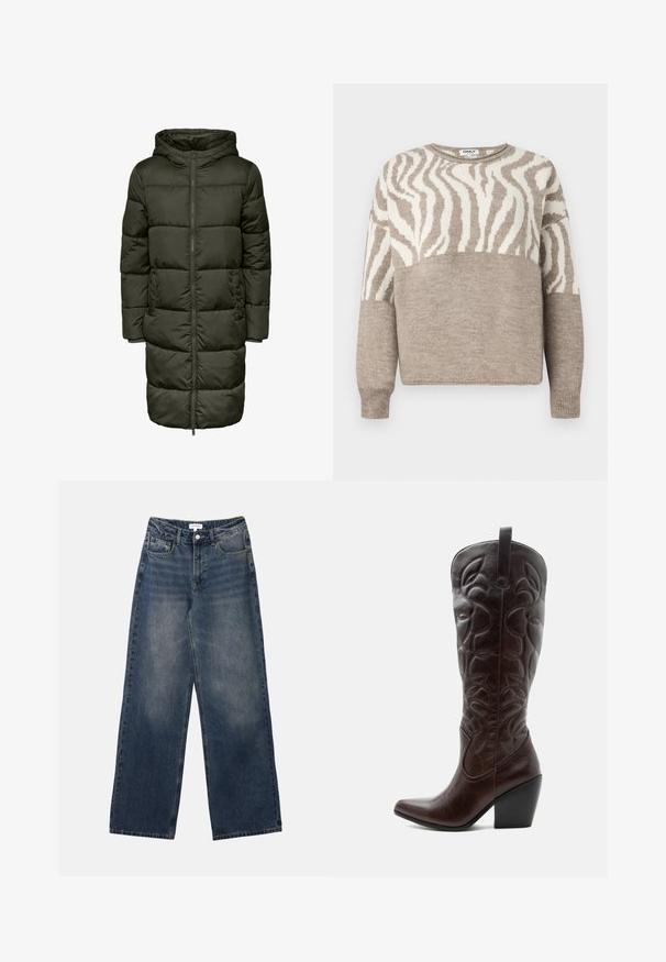 Puffy lang jakke i mørkegrøn farve med hætte, lynlås lukning og elastiske manchetter. Fremstillet af isolerende materiale, der giver varme og komfort.; Beige strikket sweater med zebramønster i creme, featuring en rund halsudskæring og ribbestrikkede manchetter. Blød tekstur og afslappet pasform.; Mænds højtaljede blå denim jeans med brede ben, frontknap og lynlås samt for- og baglommer.; Høj mørkebrun læder cowboystøvle med syede dekorative mønstre, spids tå og stablet blokhæle.