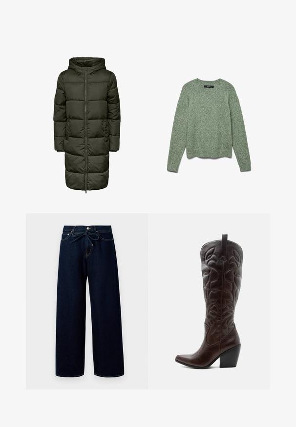 Puffer-Langjacke in Dunkelgrün, mit Kapuze, Reißverschluss und elastischen Bündchen. Hergestellt aus isolierendem Material, das Wärme und Komfort bietet.; Strukturierter, hellgrüner Strickpullover mit Rundhalsausschnitt, langen Ärmeln und geripptem Saum. Verfügt über einen lockeren Schnitt und ein dezentes Muster im gesamten Design.; Dunkelblaue, weit geschnittene Jeans aus Denim mit einem vorderen Knopfverschluss und einem Kordelzugbund, versehen mit kontrastierenden Nähten.; Hoher dunkelbrauner Leder-Cowboystiefel mit gestickten dekorativen Mustern, spitzer Spitze und gestapeltem Blockabsatz.