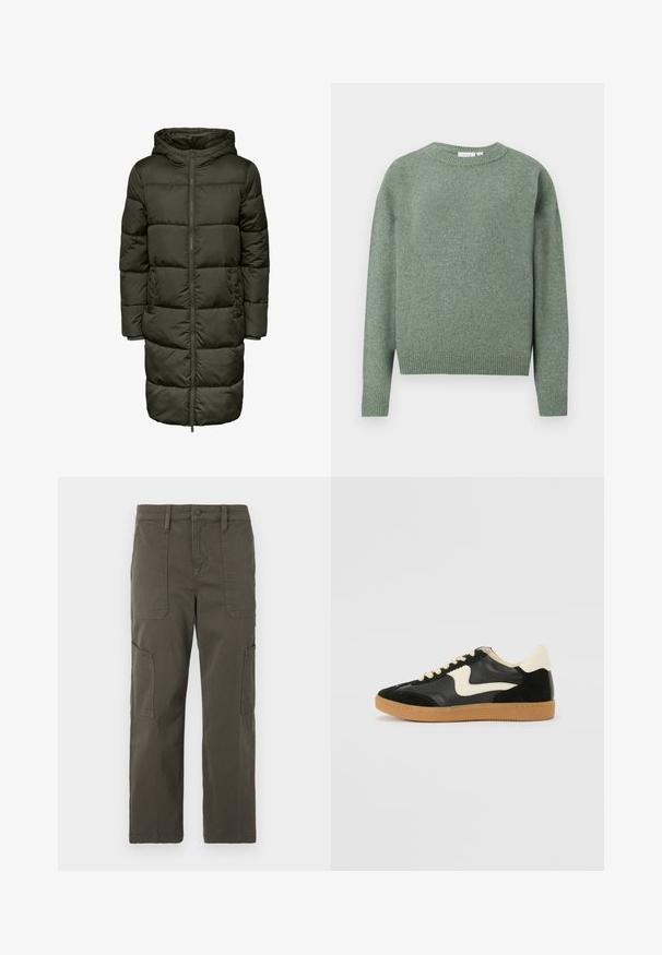 Dikke lange jas in donker groen, met een capuchon, ritssluiting en elastische manchetten. Gemaakt van geïsoleerd materiaal, dat warmte en comfort biedt.; Zacht groene gebreide trui met lange mouwen, ronde hals en geribde boorden en zoom, getoond op een eenvoudige witte achtergrond.; Good American CROPPED PANTS - Cargobroek - fatigue; Zwarte suède en leren sneaker met een crèmekleurige zij-swoosh en lichte crèmekleurige hiel. Voorzien van beige veters en een gumrubberen zool.