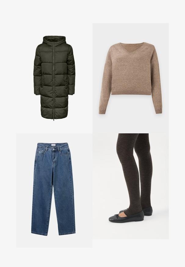 Dikke lange jas in donker groen, met een capuchon, ritssluiting en elastische manchetten. Gemaakt van geïsoleerd materiaal, dat warmte en comfort biedt.; Lichtbruin gebreid sweater met een V-hals, lange mouwen en geribbelde zoom. Zachte textuur met een iets korter ontwerp en geen zichtbare patronen.; Klassieke blauwe denim jeans met een rechte pijp, vijf zakken en een knoopsluiting. Heeft een middelgrote wasbeurt en stevige textuur.; Benen met donkere geribbelde leggings gecombineerd met zwarte ballerina's met kleine strikdetails op een witte achtergrond.