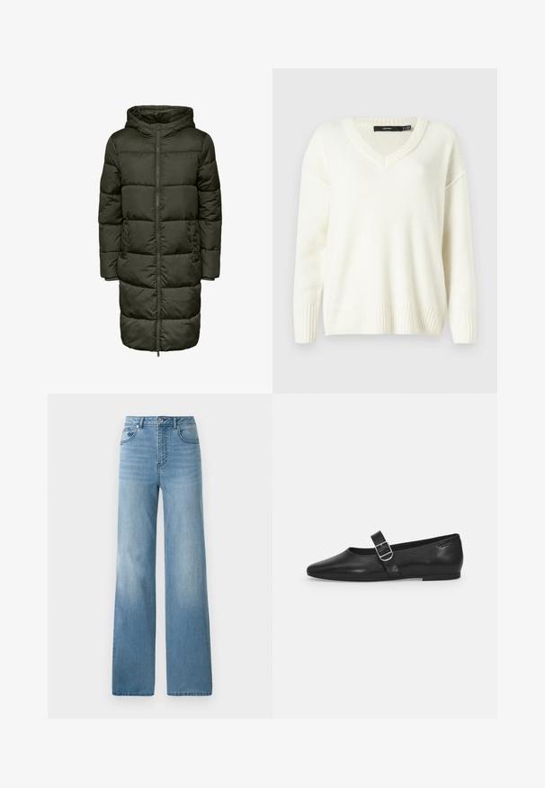 Puffjatav pikk mantel tumerohelises värvitoonis, millel on kapuuts, tõmblukk ja elastsed mansetid. Valmistatud soojust hoidvast materjalist, pakkudes soojust ja mugavust.; Valge V-kaelusega sweaters, millel on ribakujulised mansetid ja ääred. Pehme tekstuur, lahtine lõige ja külgdissid. Silt on kaeluses nähtav.; Heledsinine kõrge talje ja sirge jalgadega teksad. Valmistatud denimist, viis taskut ja nööpide sulgemine.; Must värvi nahast tasased kingad ümarate varvastega, ühe reguleeritava paelaga ja siledat, läikivat pinda. Minimalistlik disain madala kontsaga.