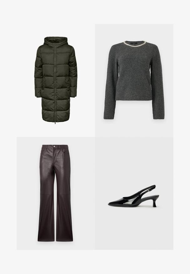 Puffy lang jakke i mørkegrøn farve med hætte, lynlås lukning og elastiske manchetter. Fremstillet af isolerende materiale, der giver varme og komfort.; Mørkegrå ribbet sweater med lange ærmer og rund halsudskæring prydet med en sølvfarvet kædeaccent.; Krokodilleskindsmønstrede, mørkebrune bukser i faux læder med bred benform, der har forlommer og sølvfarvet knaplukning.; Sorte patenterede slingback-sko med spidse tæer og lav blokhæl. Justerbar spænde-rem ved anklen.