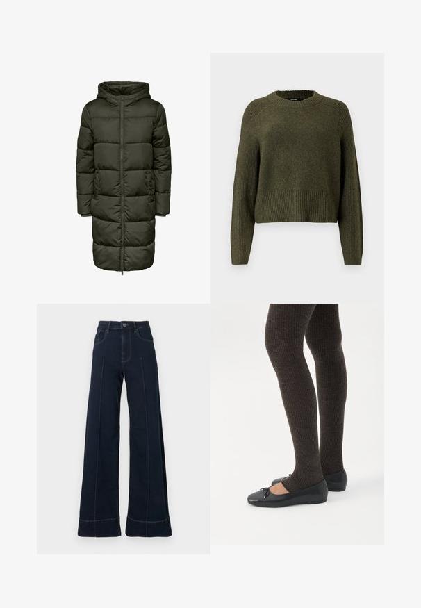 Manteau long matelassé de couleur verte foncée, doté d'une capuche, fermeture éclair et poignets élastiques. Fabriqué en matériau isolant, offrant chaleur et confort.; Pull en tricot vert olive avec un col rond, un ourlet côtelé et des manches longues au fit décontracté. Fabriqué en tissu texturé et doux.; Jean large bleu foncé à taille haute, avec des poches avant et des coutures visibles. Fabriqué en denim avec une texture lisse.; Jambes portant des leggings côtelés foncés associés à des ballerines noires avec de petits détails en nœud sur fond blanc.