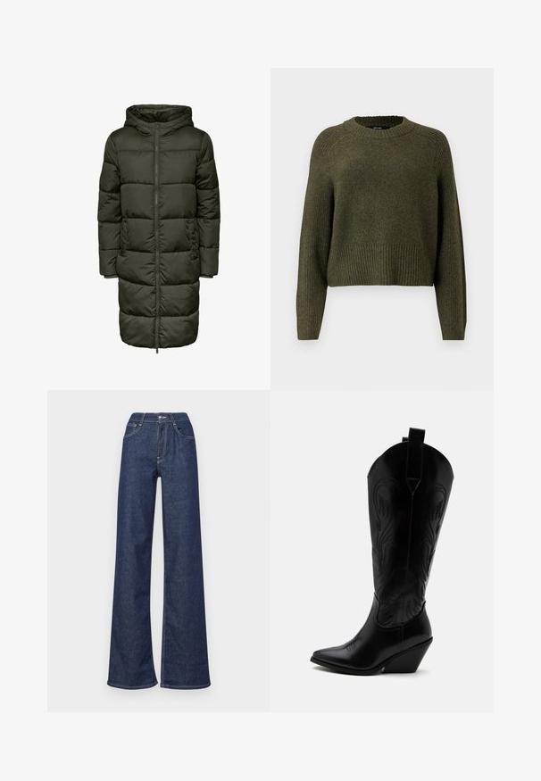 Puffy lang jakke i mørkegrøn farve med hætte, lynlås lukning og elastiske manchetter. Fremstillet af isolerende materiale, der giver varme og komfort.; Olivengrøn strikket sweater med rund halsudskæring, ribbet kant og lange ærmer med en afslappet pasform. Fremstillet af blødt tekstureret stof.; Bredbukser i denim i mørkeblå, med høj talje, frontlommer, synlige sømme og en ren afslutning ved sømmene.; Sort læder cowboystøvle med spidst tåparti, skråt blokhælhæl, dekorative sømme og trækstropper øverst mod hvid baggrund.