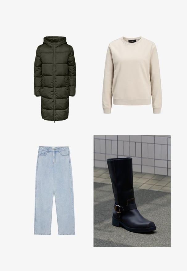 Puffy lang jakke i mørkegrøn farve med hætte, lynlås lukning og elastiske manchetter. Fremstillet af isolerende materiale, der giver varme og komfort.; Beige sweatshirts med rund halsudskæring, lange ærmer, ribbede manchetter og kant, lavet af blødt bomuldsstof. Enkelt design uden mønstre.; Lyseblå, højtaljede denimbukser med lige ben, fem lommer og synlige sømme. Materialet har en klassisk vaskeeffekt.; Sort midt på læggen læderstøvle med lav hæl og dekorativ rem med metalspænde, stående på en grå belagt overflade nær en flisevæg.