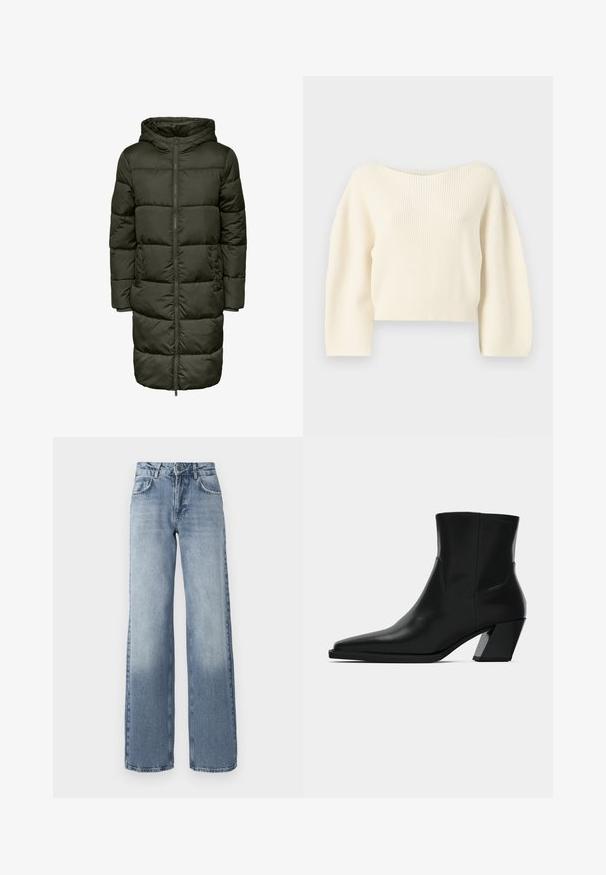 Puffy lang jakke i mørkegrøn farve med hætte, lynlås lukning og elastiske manchetter. Fremstillet af isolerende materiale, der giver varme og komfort.; Cremefarvet ribbet strikket kort sweater med bred udskæring og lange ærmer. Glat tekstur med et tætsiddende kant.; Bredde ben bløde denim jeans i blå med en lys vask, lynlås, fem-lomme design og subtil falming nær anklerne.; Sortlæder ankelstøvle med spids tå, en slank silhuet og en kraftig firkantet hæl. Glat tekstur med minimale stikninger.
