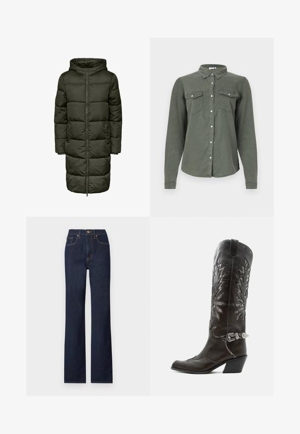 Manteau long matelassé de couleur verte foncée, doté d'une capuche, fermeture éclair et poignets élastiques. Fabriqué en matériau isolant, offrant chaleur et confort.; Chemise boutonnée vert foncé à manches longues, avec deux poches poitrine, en tissu doux, et un design de col classique. Présente des accents de boutons blancs.; Jean en denim bleu marine avec une coupe droite, doté d'une fermeture à bouton à l'avant, de cinq poches et de détails de couture contrastés.; Botte de cowboy en cuir noir avec découpes décoratives, boucle argentée et talon incliné, présentée sur fond blanc.