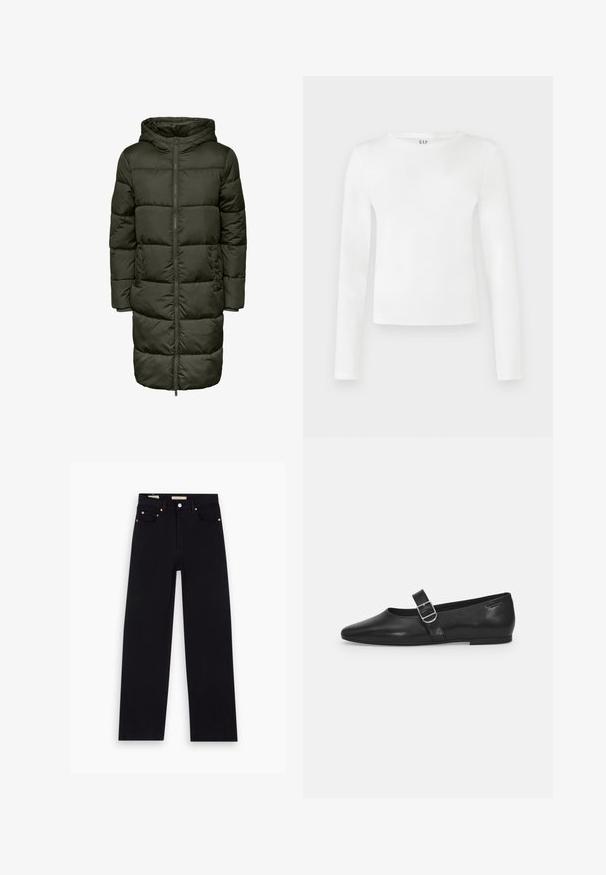 Puffer-Langjacke in Dunkelgrün, mit Kapuze, Reißverschluss und elastischen Bündchen. Hergestellt aus isolierendem Material, das Wärme und Komfort bietet.; Langärmliges T-Shirt mit Rundhalsausschnitt aus solidem weißen Stoff. Es hat eine figurbetonte Silhouette mit glatter Textur und einem dezenten Markenlogo am Ausschnitt.; Schwarze Denim-Jeans mit geradem Schnitt, fünf Taschen, Kupferbeschlägen und einer glatten Textur. Zwei Etiketten sind am Bund sichtbar.; Schwarzer Lederflatschuh mit runder Zehenform, einem verstellbaren Schnallenriemen und einer glatten, glänzenden Oberfläche. Minimalistisches Design mit einem niedrigen Absatz.
