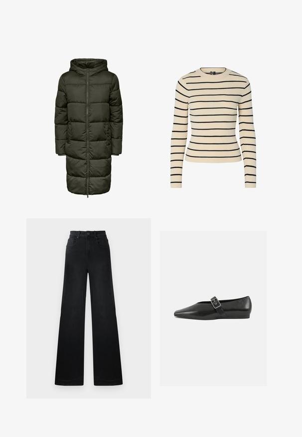 Puffer-Langjacke in Dunkelgrün, mit Kapuze, Reißverschluss und elastischen Bündchen. Hergestellt aus isolierendem Material, das Wärme und Komfort bietet.; Cremfarbener, gerippter Pullover mit schwarzen horizontalen Streifen, rundem Halsausschnitt und langen Ärmeln. Verfügt über ein figurbetontes Design und eine nahtlose Textur.; Weite schwarze Denim-Hosen mit einer taillierten Taille, ausgestattet mit Gürtelschlaufen, vorderen und hinteren Taschen sowie einer glatten Textur.; Schwarze Lederflachschuhe mit spitzem Zehenbereich, ausgestattet mit einem metallischen Riemen über dem Spann und einer niedrigen, flexiblen Sohle.