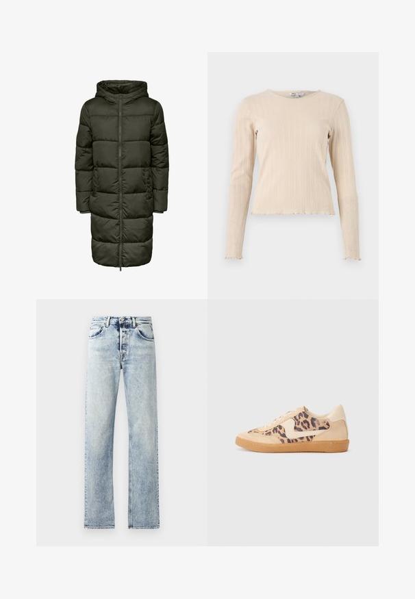 Puffy lang jakke i mørkegrøn farve med hætte, lynlås lukning og elastiske manchetter. Fremstillet af isolerende materiale, der giver varme og komfort.; Beige langærmet ribbet top med rund hals og bølget kant. Stoffet har et subtilt struktureret mønster gennem hele designet.; Lys blå denimjeans med en lige ben-design. Funktioner inkluderer fem lommer, bæltestropper og en frynset kant forneden.; Leopardprint sneakers med beige ruskindsoverdel, tan gummisål og hvide detaljer. Rund pegefinger og snørebåndsdesign med en tekstureret finish.