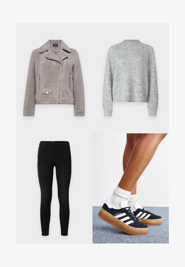 Hallide kuretekk grey faux fur jakk, millel on krae, lukuga eesmine osa, kaks küljetaskut ja üks rinnatasku. Omab tihedat istuvust ja tekstuurset pinda.; Heled halli kivipesu, millel on kõrge kaelus, pikad varrukad ja vabam lõige. Valmistatud tekstuurse kudumise kangast, millel on peened värvimuutused.; Mustad mustad teksased, millel on klassikaline viie tasku disain, vöökohad ja eesmine nööpkinnitus. Sile tekstuur.; Jalad valgete sokkide ja mustade Adidas Gazelle tossudega, millel on valged triibud ja paksud pruunid tallad, halli vaibaga põrandal.