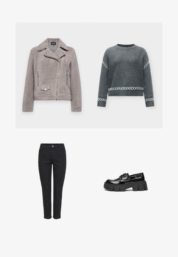 Veste en fausse fourrure grise avec un col, fermeture éclair à l'avant, deux poches latérales et une poche poitrine. Présente un ajustement près du corps et une surface texturée.; Pull gris tricoté à manches longues avec motifs en point de croix blancs sur les manches, les poignets et près de l'ourlet, avec un col rond.; Jeans en denim noir avec une coupe droite, dotés d'une fermeture à bouton à l'avant, de cinq poches et d'une finition texturée simple.; Mocassin en cuir verni noir avec une semelle plateforme épaisse noire et des œillets décoratifs. Texture lisse avec un bout arrondi et un détail de lacets.