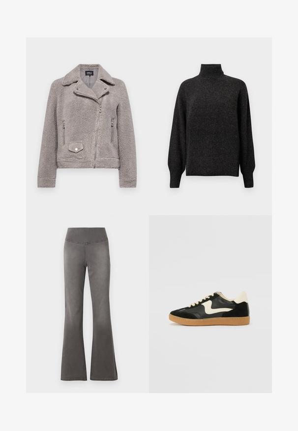 Veste en fausse fourrure grise avec un col, fermeture éclair à l'avant, deux poches latérales et une poche poitrine. Présente un ajustement près du corps et une surface texturée.; Pull en tricot gris foncé, à col montant, avec des manches amples et une coupe décontractée. Texture douce avec un motif subtil sur l'ensemble.; Pantalons gris évasés avec une taille lisse et extensible, ajustés au niveau des cuisses, s'élargissant vers une ouverture de jambe plus large.; Baskets en daim et cuir noir avec un swoosh latéral crème et un talon crème clair. Dotées de lacets beige et d'une semelle en caoutchouc gomme.
