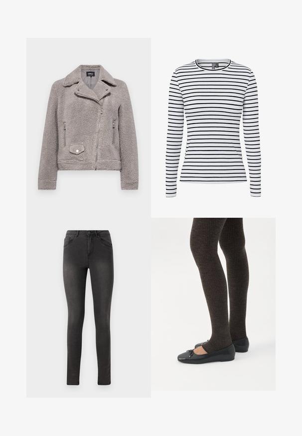 Hallide kuretekk grey faux fur jakk, millel on krae, lukuga eesmine osa, kaks küljetaskut ja üks rinnatasku. Omab tihedat istuvust ja tekstuurset pinda.; Valge soonikkoega pikkade varrukatega särk kitsaste mustade horisontaalsete triipudega ja ümar kaelus.; Musthave mustad teksad, viie tasku disainiga ja metallnööpiga vöökoha juures.; Jalad seljas tumedad soonelises soonelises kombines mustade baleriinadega, millel on väikesed paelade detailid valgel taustal.