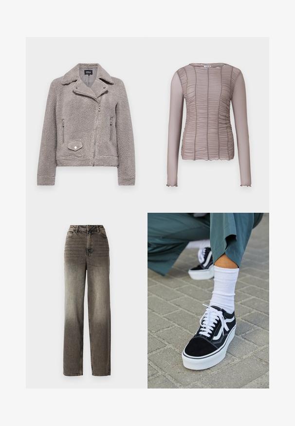 Veste en fausse fourrure grise avec un col, fermeture éclair à l'avant, deux poches latérales et une poche poitrine. Présente un ajustement près du corps et une surface texturée.; Haut à manches longues de couleur brun clair, présentant une texture froncée sur toute la surface, un col rond et des poignets délicats à bords festonnés.; Jean gris à jambes larges avec une finition en denim délavé. Avec une taille haute, cinq poches et une fermeture à bouton classique. Tissu texturé avec des coutures visibles.; Baskets en suède noir avec des accents et des lacets blancs, présentant une épaisse semelle blanche et des coutures contrastantes, associées à une chaussette blanche.