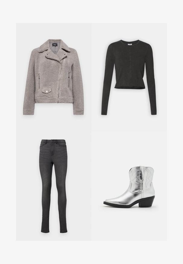 Veste en fausse fourrure grise avec un col, fermeture éclair à l'avant, deux poches latérales et une poche poitrine. Présente un ajustement près du corps et une surface texturée.; Haut court noir à manches longues avec un col rond, présentant une texture légèrement distressed et un ourlet droit. Pas de matériel visible.; Jean skinny en denim gris foncé, avec une taille haute, des passants de ceinture et une fermeture à un bouton. Pas de déchirures ni de motifs visibles.; Bottes de cowboy en cuir argenté avec un bout pointu, des détails brodés sur la tige et un talon noir modéré. Surface lisse et brillante.