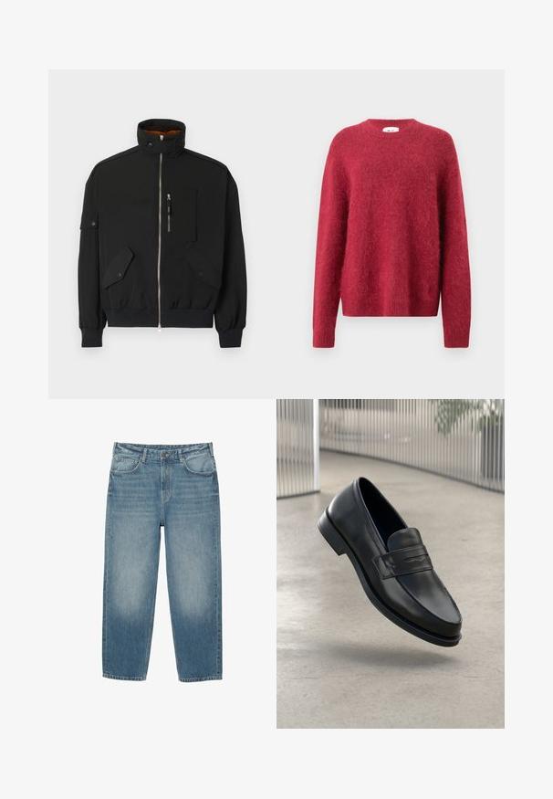 Sort jakke lavet af letvægtsstof, med høj krave, lynlås foran, brystlomme, og to frontlommer med klap og snaplukninger.; Rød strikket sweater lavet af blødt materiale, med rund halsudskæring, lange ærmer og ribbede manchetter og forneden.; Blå denim jeans med lige ben, fem-lomme stil, knaplukning og lys falmning på forsiden af lårene.; Sort lædersko med glat tekstur, spids tå og en dekorativ rem over vristen. Letvægts sål, minimalistisk design.
