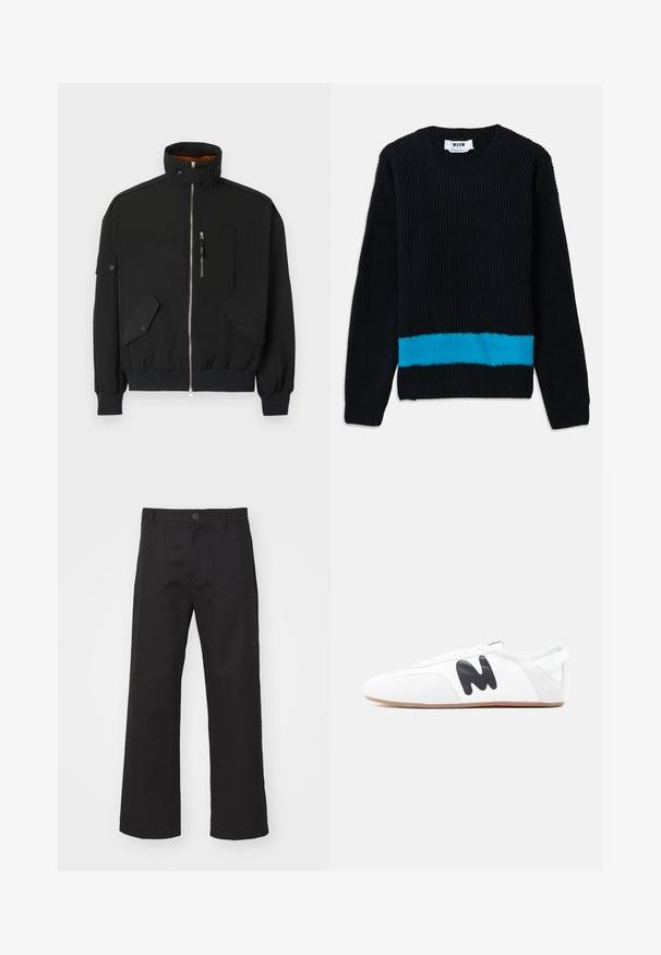 Sort jakke lavet af letvægtsstof, med høj krave, lynlås foran, brystlomme, og to frontlommer med klap og snaplukninger.; Sort strikket sweater med rillet tekstur, der har en vandret turkis stribe forneden. Klassisk rund halsudskæring og lange ærmer.; Sort bredde bukser lavet af robust stof, med knaplukning, to forlommer og en ren sømfinish.; Hvid lavprofilsneaker med sort "M"-logo på siden og lys brun sål, set fra ydersiden på ensfarvet baggrund.