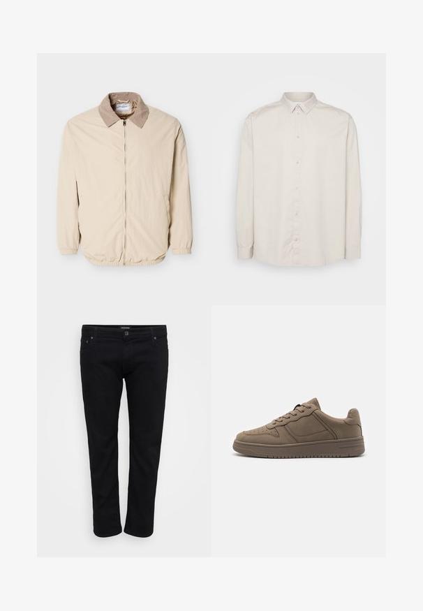 Veste beige légère avec un col légèrement plus foncé, une fermeture éclair à l'avant, des poignets élastiques, et deux poches latérales.; Chemise à manches longues en coton beige clair. Dotée d'un col classique, d'une fermeture à boutons sur toute la longueur et de poignets à boutons. Texture lisse.; Jeans en denim noir avec une coupe droite, dotés d'un design classique à cinq poches, d'une couture robuste et d'une fermeture à bouton.; Call it Spring FRESHH - Baskets basses - other grey