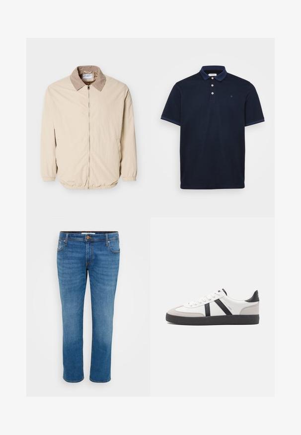 Veste beige légère avec un col légèrement plus foncé, une fermeture éclair à l'avant, des poignets élastiques, et deux poches latérales.; Polo marine en tissu doux, avec un col classique, une patte de boutonnage à trois boutons et des accents rayés contrastés sur les manches.; Jean en denim bleu avec une coupe droite, cinq poches et des coutures contrastées. Il dispose d'une fermeture à bouton et de passants de ceinture le long de la taille.; Baskets blanches avec des accents noirs et gris, présentant un embout texturé gris, une semelle en caoutchouc noir et des lacets plats blancs. Design épuré, style minimaliste.