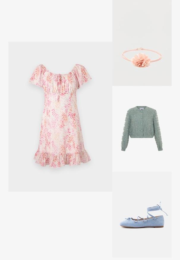 Mintgrøn cropped jakke med broderet blomsterdesign, rund halsudskæring, knaplukning og rynkede manchetter ved ærmerne.; Kort blomsterkjole med pufærmer, rynket halsudskæring og flæsekant i nuancer af pink og fersken på hvid baggrund.; Lyseblå ruskind balletflat med snøresnore, der omslutter anklen, og en lille sløjfe på tåen.; Lyserødt elastisk hårbånd med en blød stofblomst med lagdelte kronblade i midten på en hvid baggrund.
