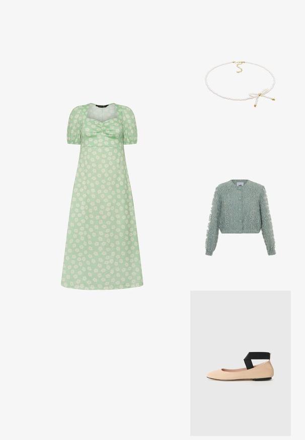 Mintgrøn cropped jakke med broderet blomsterdesign, rund halsudskæring, knaplukning og rynkede manchetter ved ærmerne.; Lysegrøn midi-kjole med pufærmer, rynket hjertetudskæring og hvidt blomsterprint.; Beige læder balletflade med spids tå og en sort rem omkring anklen, som har en glat tekstur og et minimalistisk design.; Hvid perlekæde med guldspænde og en dekorativ sløjfedetalje. Glat struktur og ensartede, sfæriske perler. Justerbar kædelængde.