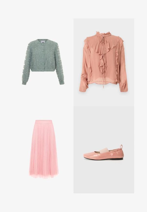 Mintgrøn cropped jakke med broderet blomsterdesign, rund halsudskæring, knaplukning og rynkede manchetter ved ærmerne.; Rosa bluse med lange ærmer, høj hals med flæser, lagdelte flæsedetaljer foran og på ærmerne samt bindebånd ved halsen.; zero MIT PLIESSENDEM BECHER - Pliceret nederdel /Nederdele med folder - bridal rose; Lyserøde syntetiske flade sko med en skinnende overflade, firkantet tå og et blødt elastikbånd hen over vristen. Sort gummisål og bageste trækflap.