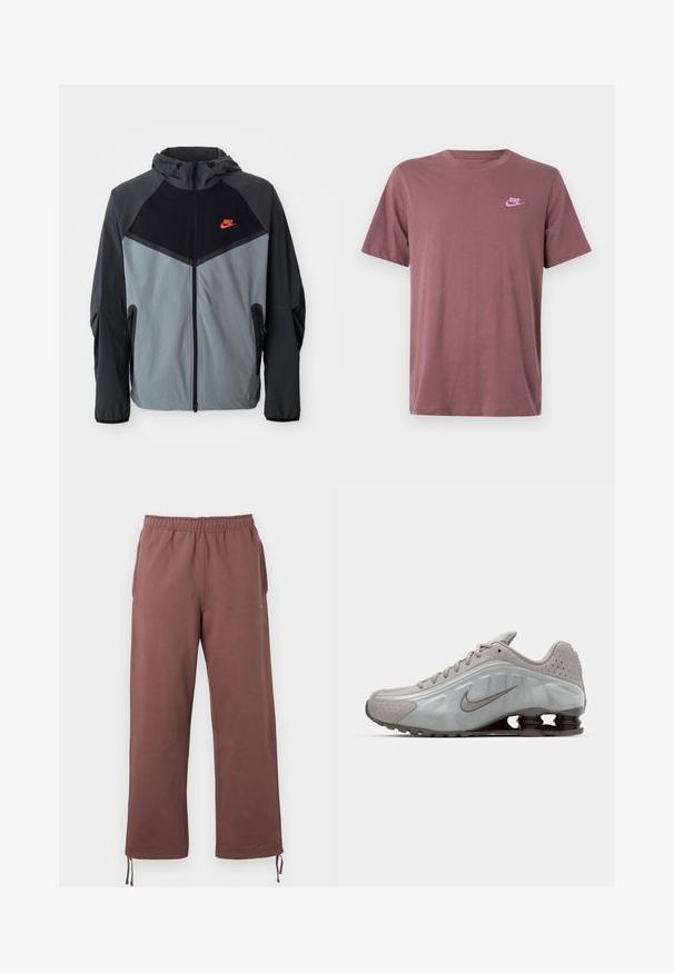 Nike kapuutsiga jakk, millel on must ja hall värvigamma koos geomeetrilise disainiga, lukuga taskud ja silmapaistev punane logo rinna peal.; Tumesinine puuvillane T-särk lühikeste varrukatega, ümmarguse kaelusega ja roosa Nike logoga vasakul rinnal. Sile tekstuur, standardist kitsam lõige.; Pruunid, elastse vöökohaga püksid, tehtud pehmest kangast, küljetaskutega ja reguleeritavate nööridega säärepaeladel kohandatud sobivuse jaoks.; Nike jooksujalats helesinises värvitoonis, sujuva tekstuuri, kaarjate joontega ning tumeda pruuniga nähtavate pehmendavate vedrudega kandade juures.