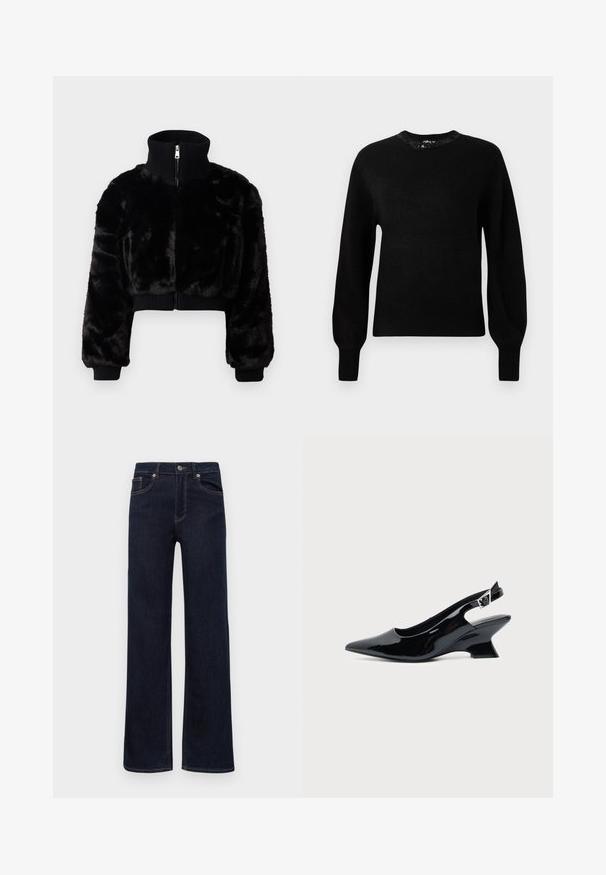 Veste en fausse fourrure noire courte avec un col montant, des poignets côtelés et une fermeture éclair à l'avant. Présente un design court et une texture douce.; Pull en tricot noir avec un col rond, des manches longues et des poignets côtelés. Doté de perles décoratives autour du col.; Jean en denim bleu foncé avec des jambes droites, fermeture à bouton, passants de ceinture et cinq poches, présentés sur un fond blanc.; Chaussure slingback en cuir verni noir avec bout pointu et petit talon bloc incliné sur fond clair uni.