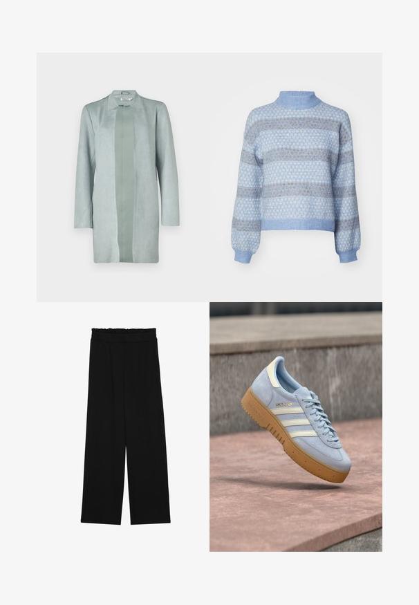 Chaqueta verde claro de manga larga hecha de un material suave similar al ante, con una silueta recta y un panel central de un tono ligeramente más oscuro.; Suéter azul claro con un cuello alto, adornado con un patrón de diamantes en tonos más oscuros de azul y marrón, y con puños y dobladillo elásticos.; Pantalones de pierna ancha negros con una cintura con volantes, que cuentan con dos bolsillos laterales y una tela suave y ligera. Sin patrones visibles ni accesorios.; Zapatilla deportiva de ante azul claro con rayas blancas y logotipo dorado, cuenta con suela de goma color caramelo y cuello acolchado para mayor comodidad.
