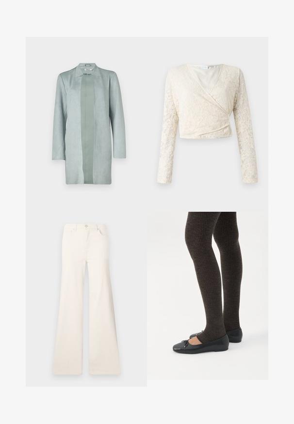 Chaqueta verde claro de manga larga hecha de un material suave similar al ante, con una silueta recta y un panel central de un tono ligeramente más oscuro.; Top de encaje crema con mangas largas, escote en forma de V y patrón floral. Forro interior suave, diseño cortado que realza la textura del encaje.; ONLY Wide-fit ONLMADISON High waist Wide Leg Fit - Pernera ancha - ecru; Piernas con leggings oscuros acanalados combinados con bailarinas negras que presentan pequeños detalles de lazo sobre un fondo blanco.
