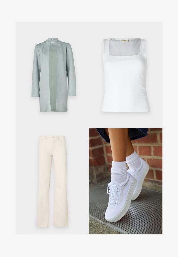 Chaqueta verde claro de manga larga hecha de un material suave similar al ante, con una silueta recta y un panel central de un tono ligeramente más oscuro.; Top de tirantes blanco con escote cuadrado, hecho de una tela suave. Presenta tirantes anchos y una silueta ajustada. Sin patrones ni adornos visibles.; Pantalones acampanados beige de mezcla de algodón, con bolsillos estándar, cierre de botón en la parte frontal y detalles de costura a lo largo de las costuras.; Zapatillas de lona blancas con suelas de goma, que presentan seis ojales, puntera redonda y detalles de costura ligera, combinadas con calcetines blancos hasta el tobillo.