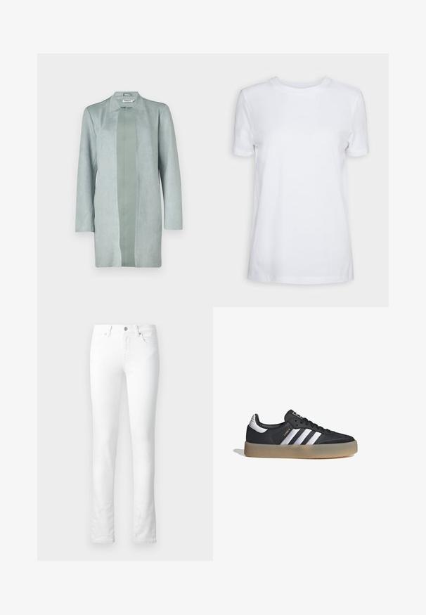 Chaqueta verde claro de manga larga hecha de un material suave similar al ante, con una silueta recta y un panel central de un tono ligeramente más oscuro.; Camiseta blanca lisa de manga corta con cuello redondo, ajuste regular y una pequeña etiqueta interior en el cuello que dice "SELECTED FEMME."; Vaqueros de denim blanco con corte ajustado, diseño de cinco bolsillos, cierre de cremallera y detalles de costura sutiles. Textura suave; sin patrones visibles.; Zapatilla deportiva de cuero negro con tres rayas plateadas, punta texturizada y suela de goma. Cuenta con un collar acolchado y un diseño con cordones.
