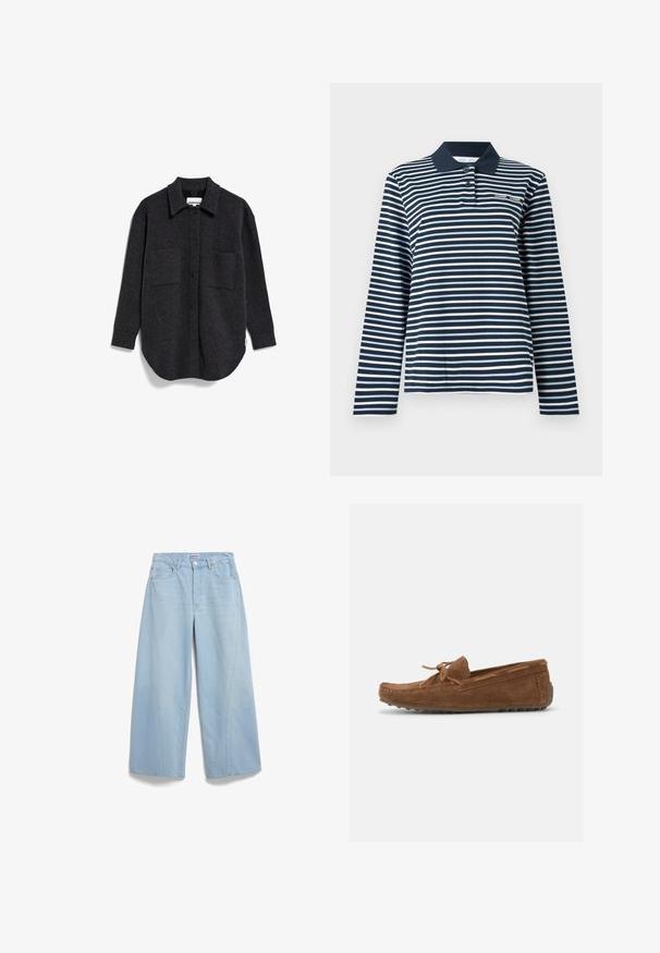 Donkergrijze, langärmige button-up shirt van zachte, gestructureerde stof met twee borstzakken en een afgeronde zoom. Beschikt over een kraag en knoopsluitingen.; Poloshirt met lange mouwen in marineblauw en witte strepen, gemaakt van katoen, met een knoopsluiting bij de kraag en een klein logo op de borst.; Lichtblauwe wijde jeans van denim met een hoge taille, voorzakken en subtiele vervaging. Gesloten met een knopenfly en riemlussen.; Bruine suède mocassin met gestikte teen, veter vastgebonden in een strik aan de bovenkant, en rubberen zool met gripnoppen.