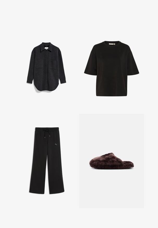 Donkergrijze, langärmige button-up shirt van zachte, gestructureerde stof met twee borstzakken en een afgeronde zoom. Beschikt over een kraag en knoopsluitingen.; Zwart oversized T-shirt met korte mouwen, ronde hals en rechte zoom, getoond op een witte achtergrond.; Zwarte sweatpants met brede pijpen, een elastische tailleband met trekkoord en zijzakken, met een klein Puma-logo op de rechterdij.; Bruine, pluizige instappantoffel met gesloten neus en open achterkant, zijaanzicht op een witte achtergrond.