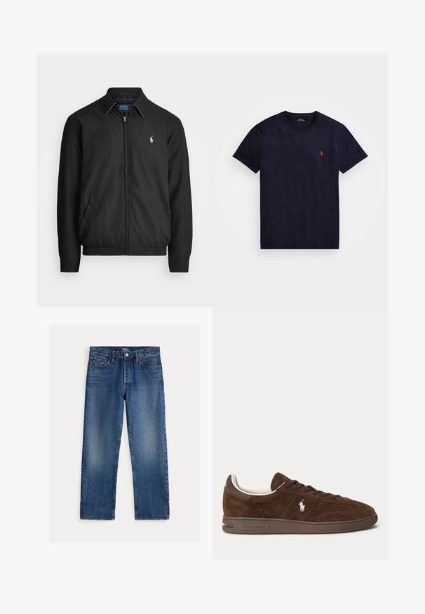 Zwarte bomberjack van glad materiaal met een rits aan de voorkant, elastische manchetten, zijzakken en een klein geborduurd logo op de borst.; Navyblauw katoenen t-shirt met een ronde hals, korte mouwen en een klein rood geborduurd logo op de linkerborst. Zachte textuur, klassieke fit.; Rechte blauwe spijkerbroek met vervaagde details, vijf zakken, riemlussen en knoop- en ritssluitingen, Polo Ralph Lauren-label aan de binnenkant.; Bruine suède lage sneaker met donkerbruine zool, veters en wit geborduurd Polo-logo aan de zijkant.