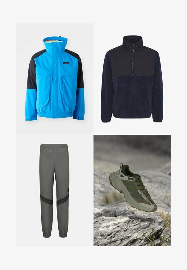 Blauwe en zwarte waterdichte jas met hoge kraag, twee voorzakken, elastische manchetten en verstelbare zoom. Glad materiaal met stikseldetails.; Marineblauwe fleece pullover met een zwart voorpaneel, hoge kraag en halve rits. Zachte textuur met een comfortabele pasvorm.; Grijze trainingsbroek met elastische taille, zwarte chevron kniepanelen en elastische boorden, ontworpen voor dagelijks of sportief gebruik.; Terrex trailrunningschoen in olijfgroen. Voorzien van een ademend mesh bovenwerk, versterkte neus en een robuust zool voor grip op rotsachtige ondergronden.