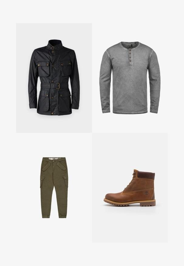 Musternahast riidest must jakk, millel on kõrge krae, neli esist pockets, vöökoht ja kuldse tooni metallist detailid.; Pikad varrukad hall henley särk, mis on valmistatud pehmest materjalist, ümmarguse kaeluse, viie nööbiga sulgemise ja veidi pleekinud tekstuuriga.; Oliivrohelised cargo-püksid kitsenevate jalgadega, mitme klapiga taskuga, nööpide sulgemisega ja elastsete mansettidega; tekstureeritud puuvillane materjal.; Pruun nahast matkasaapad, millel on siledat viimistlus, pehmendatud pahkluu, metallist silmad ja kummist põhi koos robustse mustriga.