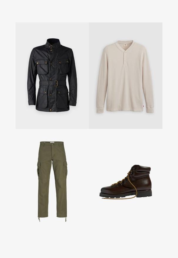 Veste noire en tissu texturé, dotée d'un col haut, de quatre poches avant, d'une taille cintrée et d'accents en métal doré.; T-shirt henley à manches longues en tissu côtelé beige clair, avec un col en V, une patte de boutonnage à trois boutons et des manches à poignets. Étiquette logo rouge à l'ourlet.; Pantalons cargo en vert olive, fabriqués en coton. Dotés de plusieurs poches latérales, d'une fermeture à bouton et d'ourlets ajustables aux chevilles.; Bottine de randonnée en cuir marron avec un bout arrondi, surface texturée, lacets jaunes et œillets en métal. Dotée d'une semelle en caoutchouc noir robuste.