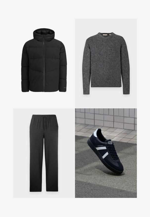 Sort puffjakke med lynlås foran, fast hætte, quiltet design og elastiske manchetter. Har et diskret logo på ærmet.; Grå uldtrøje med rund halsudskæring og lange ærmer. Struktureret strikstof og ribbede manchetter ved håndledene og i kanten. Enkel, klassisk design.; Sorte bukser med elastisk talje og snorelukning. Lavet af blødt stof, de har en lige ben-snit og minimal tekstur. Ingen synlige lommer.; Sort lædersneaker med hvide striber, tekstureret gummisål og snørrebånd foran. Har et brandet mærke på tungen.