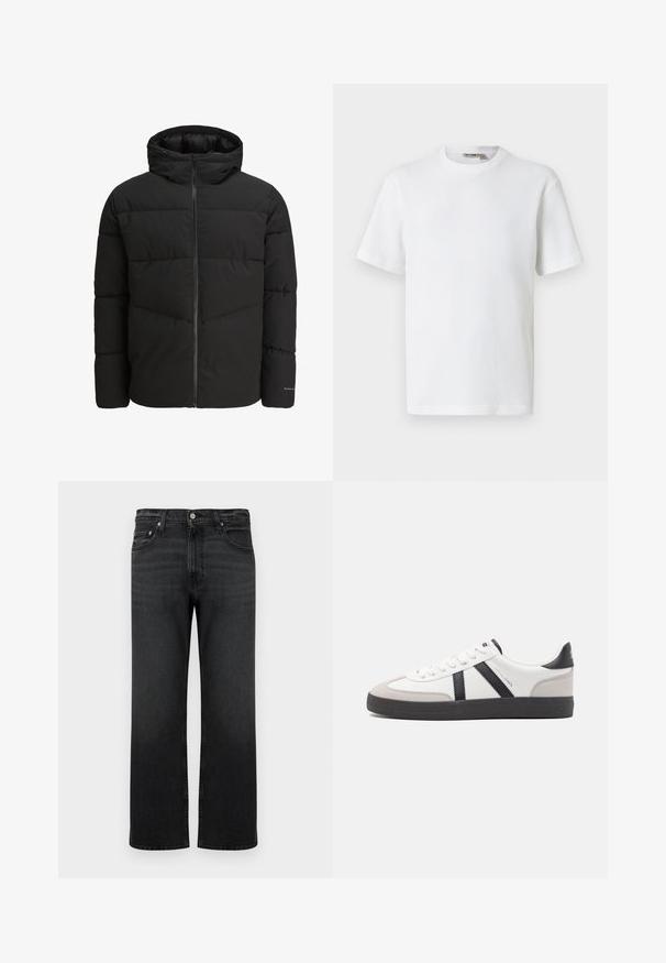 Sort puffjakke med lynlås foran, fast hætte, quiltet design og elastiske manchetter. Har et diskret logo på ærmet.; Hvid kortærmet t-shirt i vaffelmønster med rund hals og et lille mærke med brandnavn inde i kraven, vist på en ensfarvet baggrund.; Sorte straight-leg jeans med knap- og lynlås lukning foran, fem lommer og diskret falmede detaljer på lår og knæ.; Hvide sneakers med sorte og grå detaljer, med en tekstureret grå tåhætte, sort gummisål og flade hvide snørebånd. Rent design, minimalistisk stil.