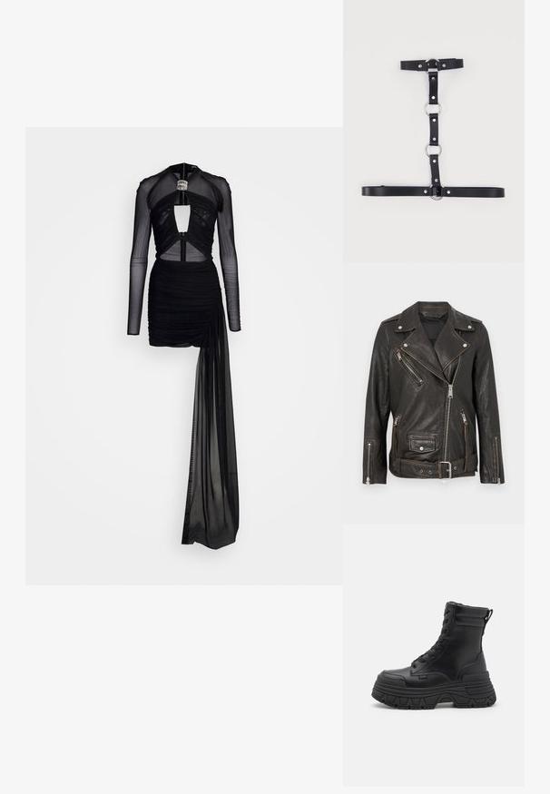 Schwarze Leder-Bikerjacke mit Reißverschlusstaschen, silbernen Beschlägen und einem verstellbaren Gürtel. Verfügt über ein klassisches asymmetrisches Design und eine strukturierte Oberfläche.; David Koma CRYSTAL BUCKLE DIAMOND CUTOUT MINI DRESS - Cocktailkleid/festliches Kleid - black/silver; Schwarze Schnürstiefeletten aus glattem Leder mit einer klobigen Plateausohle, einem verstärkten Absatz und einem Zugband für einfaches An- und Ausziehen.; Schwarzer Kunstleder-Geschirr mit silbernen Metallringen und Nieten, ausgestattet mit verstellbaren Riemen, die in einem vertikalen und horizontalen Muster angeordnet sind.